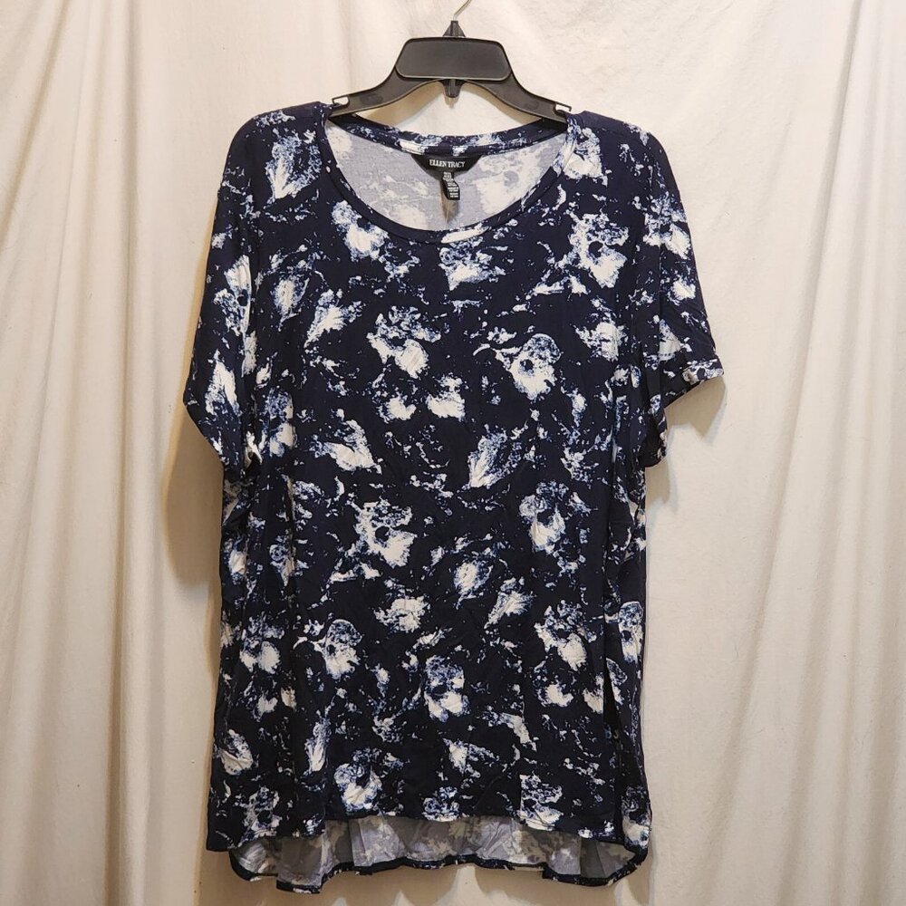 Ellen Tracy Blue & White Tunic HiLo Hem Dusty Floral Navy Top XXL New